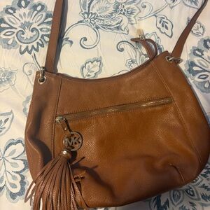 Michael Kors Brown Pebbled Leather Shoulder Bag with Tassel Charm